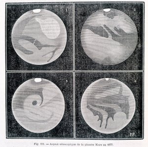 1877年の望遠鏡による火星の様子 - カミーユ・フラマリオン著「ポピュラー・アストロノミー」（マルポン＆フラマリオン編）より 作： Unknown artist