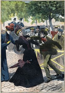 1898年、ジュネーブで行われたイタリアの無政府主義者ルッケーニによるオーストリア皇太子エリザベス（シシィ）の暗殺事件。1898年のイラスト。個人蔵-イタリアのアナキスト、ルイジ・ルチェーニによるオーストリア皇后エリザベート（シシィ）の暗殺事件、ジュネーブにて