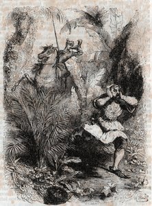 Astolphe makes Caligorant flee - 1851年に出版されたLudovico Ariostoの "Furious Roland" (Orlando furioso) (16世紀)のエングレーヴィング、通称Ariosto - Tressan伯爵がイタリア語から翻訳し、Gustave Harvardが出版した版。 作： Unknown artist