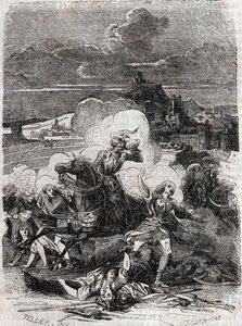 アストルプが殺人の女性を逃がす-1851年の版画、ルドヴィコ・アリオストの「激情のロラン」（Orlando furioso）（16世紀）より、アリオスタとして知られる-トレサン伯爵がイタリア語から翻訳し、ギュスターヴ・ハーバードが出版した版1851年。 作： Unknown artist