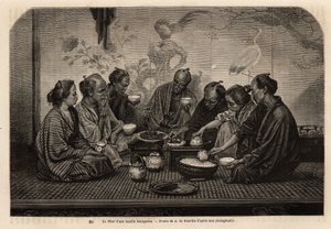 あるブルジョア家庭の夕食で、男たちは畳の上に集まり、小さなコーヒーテーブルを囲み、個々の器に盛られたご飯を食べ、共通の皿に肉や野菜を盛り、お茶を飲みながら、二人の女性がサービスをしている。Jへの航海を描いたエングレーヴィング 作： Unknown artist