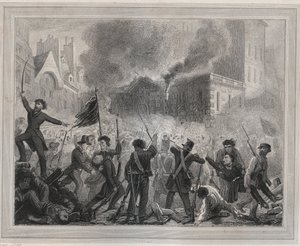シャトー・ドーの襲撃 - 1848年の革命。"2月24日の王宮の水場の城の火災 作： Unknown artist