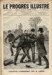 アルフレッド・ドレフュス（1859-1935）の弁護を担当した弁護士フェルナン・ラボリ（1860-1917）氏への襲撃事件、レンヌで裁判会場に向かう途中、背中に銃弾を受けた。1899年8月の「The Progres Illustré」の表紙（エングラヴィ 作： Unknown artist