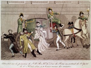 1820年2月13日、オペラ座を出たルイ・ピエール・ルーヴェルによるベリー公爵への攻撃。19世紀のエングレーヴィング。