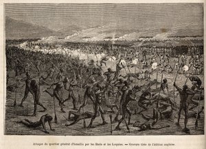 バリスとロキアの連合軍によるイスマイリア（エジプト）の本部への攻撃、ベイカー卿の遠征隊はライフルで報復し、攻撃者を撃退した。 作： Unknown artist