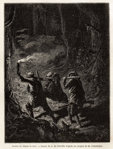 夜の狩りの帰り、獲物の熊が縛られ、狩人が肩に担いだ枝に吊るされている。1851年から1852年にかけて、M.Pousselgueが「le tour du monde」に掲載した「Quatre mois en Florida」という物語を説明するためのエングレーヴィング。