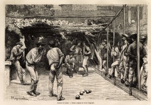 ローマ（イタリア）でのボール遊び。フランシス・ウェイが1864年から1868年にかけて行ったローマへの航海を描いた版画（エドゥアール・シャルトンの指導の下、「Le tour du monde, nouveau journal des voyages」に掲載されたもの 作： Unknown artist