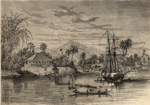 バンガロー、サラワクのラジャとして知られるジェームズ・ブルック卿の故郷（1803-1868）イギリスの冒険家で、サラワク（ボルネオ島）周辺のサラワクの初代白人ラジャ。1857年の "Le Monde illustrious "に掲載された版画。個人蔵。 作： Unknown artist