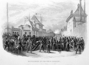 1848年4月、ルーアンのサン・ジュリアンのバリケード - 「Fasttes de Gardes nationales de France」にて 作： Unknown artist