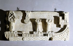 ピサの旧港を表すバスレリーフ。ジェノバがコルシカとのメロリアの戦いの後、戦利品として奪った港へのアクセスをブロックする鎖が目につく。ジェノバ、ペグリの海軍博物館。1290. 作： Unknown artist