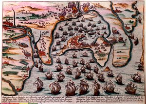 1596年6月30日のCales Males（スペイン）のバトルプラン。オランダ軍とイギリス軍の艦隊は180隻の船でCales Malesに友軍として入る。翌日の7月1日、反逆罪に驚き、恥ずかしながら街を放棄しなければなりませんでした。エングレーヴィング 作： Unknown artist
