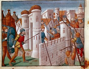 ミニチュア都市の城壁の下での戦い 12人のセザールの生涯を描いた「ローマ人の事実」から引用したもの。13世紀ヴェネツィア、ビブリオテカ・マルチャーナ 作： Unknown artist