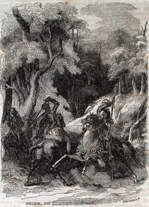 ローランとフェラガスの戦い-アリオスタで知られるルドヴィコ・アリオストの「激情のローラン」（Orlando furioso）（16世紀）より1851年の版画-トレサン伯爵がイタリア語から翻訳し、グスタフ・ハーバードが出版した版。 作： Unknown artist