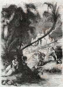 グリフォンとアキラントのオルレとの戦い-1851年の版画（ルドヴィコ・アリオストの「激情のロラン」（Orlando furioso）（16世紀）より）、通称「アリオスタ」-トレッサン伯爵がイタリア語から翻訳し、ギュスターヴ・ハーバードが出版した版。 作： Unknown artist
