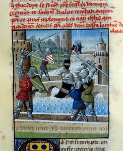 パラメデ騎士団とアルトゥス騎士団の戦い。ローマン・デュ・グレイル」のミニチュア 作： Unknown artist