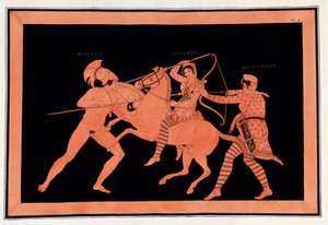 テゼに対するアマゾンのヒュポリットとデイノマケの戦い - 「一般にエトルスクと呼ばれる古代の壺の絵画」は、様々なコレクションから、A.クレンナーが彫刻し、A.L.ミレンが解説を添えています。デュボア-メゾンヌーブ著。マイソの図書館 作： Unknown artist