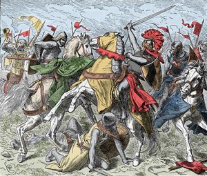 エルスター川の戦い。シュヴァーベンのルドルフが致命傷を負った - サクソン人の反乱（1073-1075年）。ラインフェルデンのロドルフ（1025-1080年頃）、シュヴァーベン公、ローマの反王は、エルスターの近くの戦いで、ヘンリー4世の軍との戦いで致命的な傷を負った。 作： Unknown artist