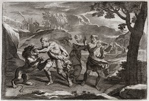 ロワイヨの聖書、旧約聖書。サムソンの誕生。ライオンを切り裂くサムソン。1811年のイラスト。 作： Unknown artist