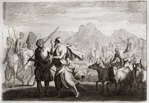 ローヤルモンの聖書、旧約聖書。アブラハムの召命。神はアブラハムを呼び、カルデア人の地を離れて、神が与えると約束した地に来るように命じた。1811年のイラスト。 作： Unknown artist
