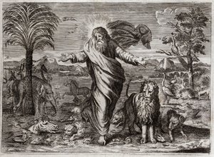 ロワイヨの聖書、旧約聖書。世界の創造。神はどこからともなく天地を引っ張ってきて、6日間で天地と人々をあらゆる種類の生き物で飾っている。1811年のイラスト。 作： Unknown artist