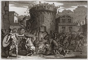 ローヤルモンの聖書、旧約聖書。アビメレクの死。アビメレク(Abimelec or Ahimelech or Ahimelek)は、テベッツの包囲戦で、石をぶつけた女に殺される。1811年のイラスト。 作： Unknown artist