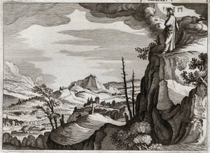 ロワモンの聖書、旧約聖書。モーセの死。神はモーセにカナンの地をネボ山の頂上から見せているが、モーセは自分の体がどこにあるのかもわからないまま死んでしまう。1811年のイラスト。