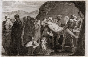 ロワイヨモンの聖書、旧約聖書。サラの死。サラ（Sarah）が死ぬ。アブラハムは彼を埋葬するために、ゲトの町から墓石を買った。1811年のイラスト。 作： Unknown artist