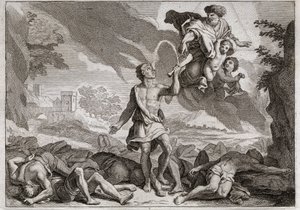ローヤルモンの聖書、旧約聖書。ペリシテ人の敗北。サムソンはロバの顎で1000人のペリシテ人を殺しました。神はサムソンが渇きを癒すことができるように、顎から水を流れ出させた。1811年のイラスト。 作： Unknown artist