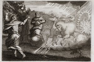 ローヤルモンの聖書、旧約聖書。エリヤは天で喜ばれる。エリヤは、弟子の前で火の車に乗って天に召される。エリゼは彼から二重の心を授かり、エリヤのマントでヨルダン川の水を分ける。イラスト 作： Unknown artist