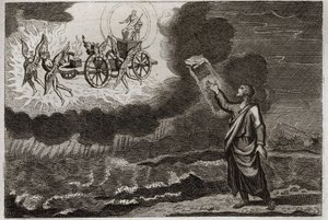 ローヤルモンの聖書、旧約聖書。エゼキエルのプロフェット聖預言者は、主が4人のケルビン（tetramorph）に運ばれた荷車に乗って現れたというビジョンを見た。1811年のイラスト。 作： Unknown artist
