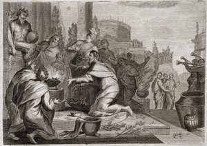 ローヤルモンの聖書、旧約聖書。ソロモンの堕落。ソロモンは女に堕落し、偽りの神々の偶像に香を捧げる。ソロモンの死。1811年のイラスト。 作： Unknown artist