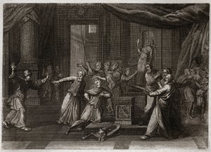 ロワイヨモンの聖書、旧約聖書。マタチアスの生成。マカベース（Maccabees, Macabees）の父マタティアス（Mattathias）は、神の律法の聖なるゼレによって、偶像に生け贄を捧げたユダヤ人を殺した。1811年のイラスト。