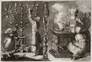 ローヤルモンの聖書、旧約聖書。幕屋の黄金の燭台には7つの枝がある（メノーラ）。1811年のイラスト。 作： Unknown artist