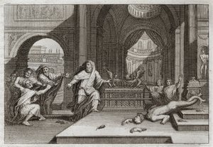 ローヤルモンの聖書、旧約聖書。ダゴンの偶像。ペリシテ人が契約の箱を彼らの神ダゴンの傍らの神殿に置いたとき、彼女は彼らの偶像を倒し、非常に刈り入れの多い疫病で彼ら全員を打ちのめし、彼らは彼女を追い払わざるを得なかった。イル 作： Unknown artist