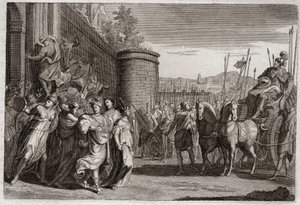 ローヤルモンの聖書、旧約聖書。エフタは娘を犠牲にする。イスラエルの士師の一人であるエフタは、アンモン人との戦いに勝利した後、最初に来た人を神に生け贄として捧げることを誓った。それは自分の娘だった。1811年のイラスト。 作： Unknown artist