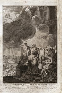 ローヤルモンの聖書、旧約聖書。神に語りかけるモーゼ（「主よ、あなたが送るべき人を送ってください」）。正面図。1811年のイラスト。 作： Unknown artist