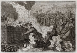 ローヤルモンの聖書、旧約聖書。ナダブとアビウ神に香を捧げるために、その香に外国の火を入れたアロンの子、ナダブ（ナダブ）とアビウ（アビウ）は、幕屋そのもので焼かれた。1811年のイラスト。 作： Unknown artist