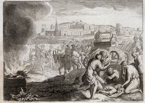 ローヤルモンの聖書、旧約聖書。オザは神と打ち合う。ダビデは契約の箱を家に持ち帰ろうとする。落ちないように手を添えたオザが死んだ。1811年のイラスト。 作： Unknown artist