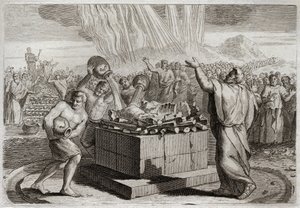 ローヤルモンの聖書、旧約聖書。エリヤのいけにえ。そして、自分の犠牲の上に天から降りてきた火の奇跡によって真の神を知らしめた後、民衆にバアルの偶像の祭司450人を殺すように命じた。図解 作： Unknown artist