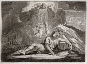 ローヤルモンの聖書、旧約聖書。ヤコブの鱗。エサウの怒りから逃れたヤコブは、不思議なはしごで寝て暮らしています。1811年のイラスト。