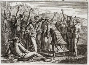 ローヤルモンの聖書、旧約聖書。ソロモン王。ダビデは、ベトサベと預言者ナタンの祈りによってソロモン王を立てた。1811年のイラスト。