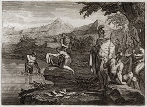 ローヤルモンの聖書、旧約聖書。ナアマンの戦い。シリア王の軍隊の将軍であるナアマンは、ハンセン病を癒すために預言者エリゼを探しに来た。挿絵は1811年のもの。 作： Unknown artist