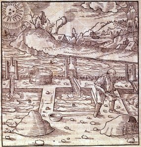 瀝青の回収。Georg Bauer "Agricola De Re metallica" book of the 15th century.ミラノの科学博物館の聖書。 作： Unknown artist