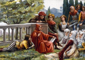 1348年頃、フィレンツェでペストが流行していた頃、友人に『デカメロン』を読み聞かせるボッカシオ（Boccacio）。19世紀末のクロモリトグラフ。 作： Unknown artist
