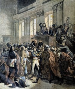 18ブルメールのクーデターでのボナパルト - サン・クラウドの5セント（Cinq Cents）評議会（salle des 500）の会議室にて - 「Le Petite Journal」誌、1893年3月号にて 作： Unknown artist