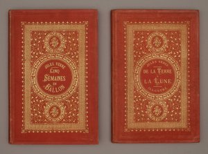 ジュール・ヴェルヌの「気球で5週間」と「地球から月へ」のブックカバー 作： Unknown artist