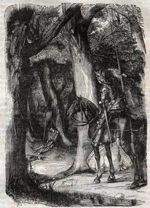 Bradamante apercoit Pinabel (Pinabello) - Ludovico Ariostoの "Roland furieux" (Orlando furioso) (16世紀)からの1851年のエングレーヴィング、通称Ariosta - Tressan伯爵によってイタリア語から翻訳され、Gustave Harvardによって出版された版。 作： Unknown artist
