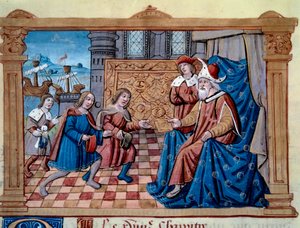 若き日のマルコ・ポーロ（1254-1324）の父と叔父にあたるニコロとマッテオ・ポーロ兄弟は、クビライ（クビライ・ハン、モンゴル元朝（1215-1294）の初代皇帝、1271年のモンゴル皇帝）の宮廷に迎えられた。ミニチュアは「The B」から引用
