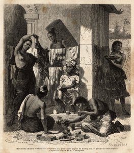 ビルマの商人がムオンマイのパゴダの門前でラオスの女性に布や香水を売っている。1866年から1868年にかけて、ヴァイスソー中尉フランシス・ガルニエがインドシナで行った探検旅行を説明するためのエングレーヴィングで、「Le tour du mond」に掲載されています。 作： Unknown artist