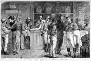 オーストラリアのブッシュ酒場（1880年頃）。 作： Unknown artist